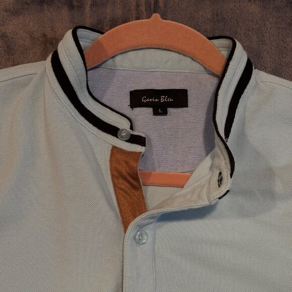 Gavin Bleu Mens Polo Shirt L Blue Short Sleeve Band Collar Button Placket Casual - Picture 5 of 11
